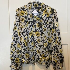 XS BCBGMaxAzria Yellow Floral Tie-Neck Blouse